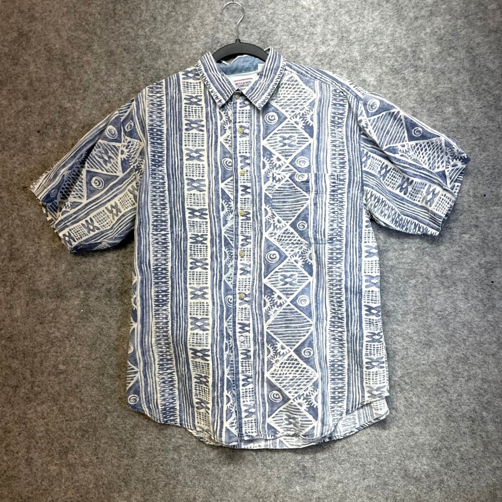 Bugle Boy Company Button Up Shirt Mens L Blue Tribal Geometric Ramie Cotton Vtg